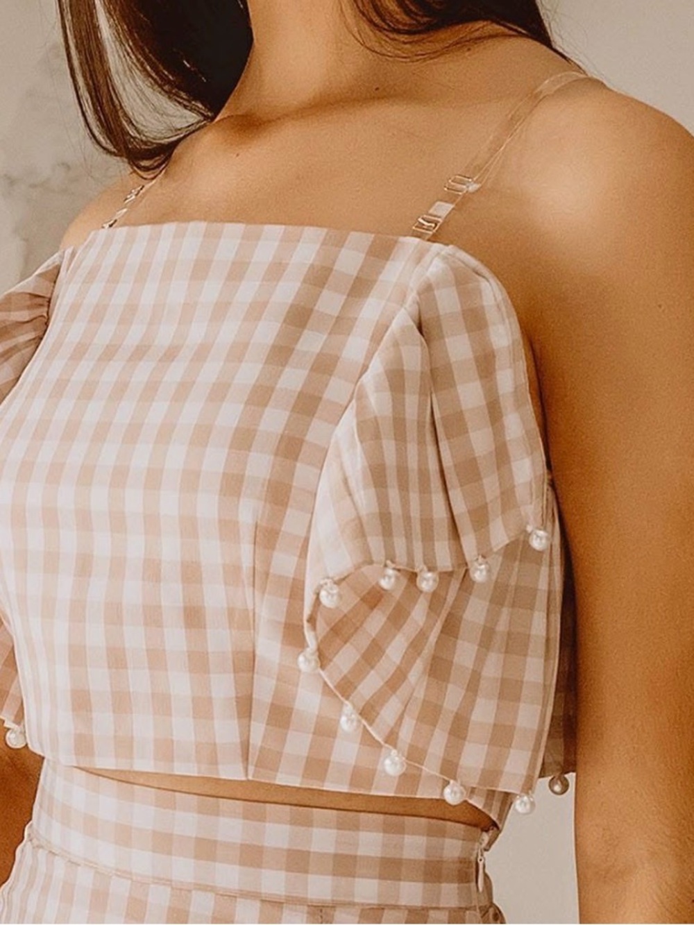 Simonett Cotes Tan Gingham Pleated Pearl Sleeve Top